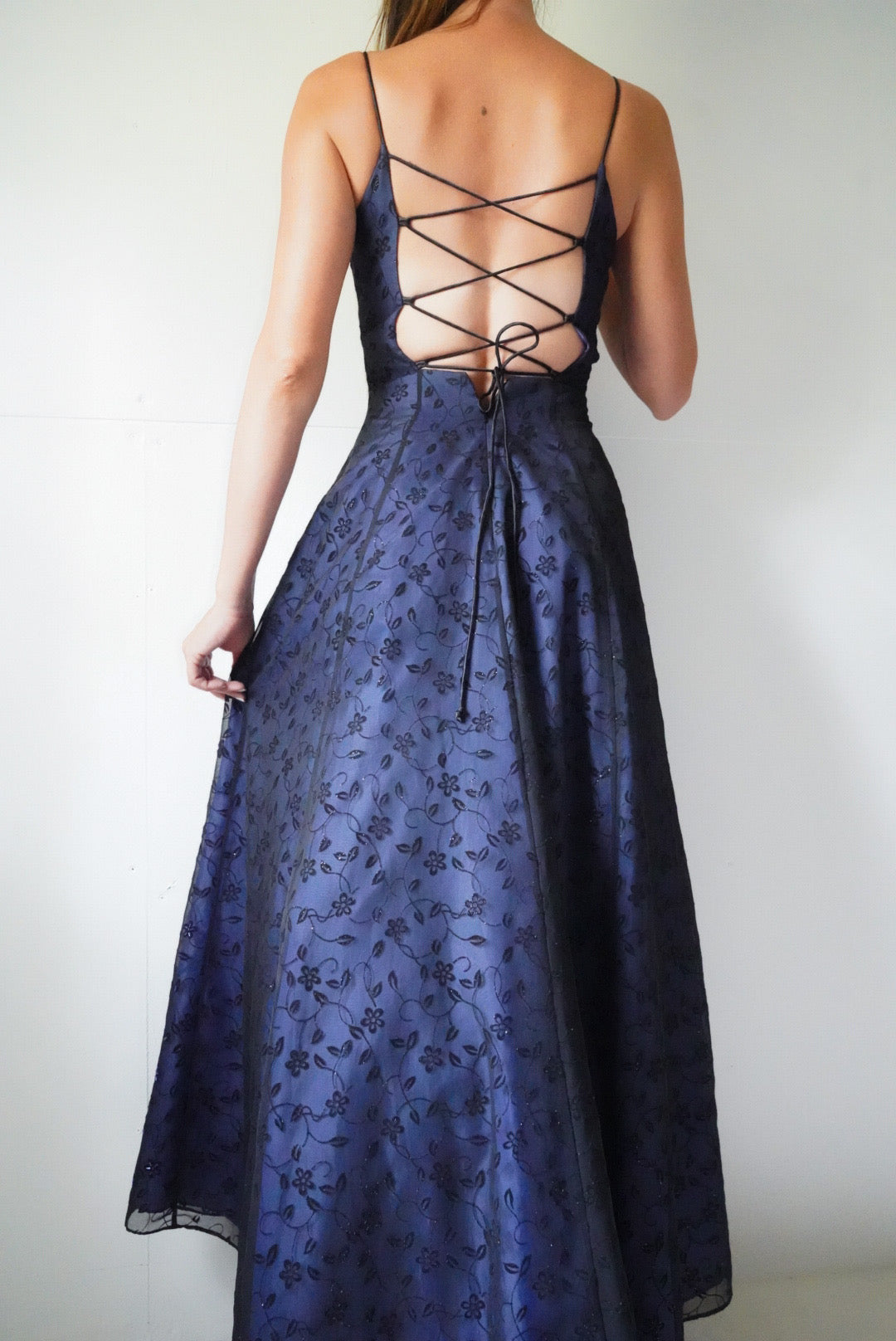 Vintage beaded floral gown with a lace up back