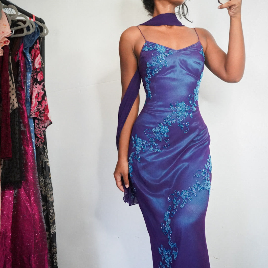 Y2K Beaded Silk Layered Formal Dress (XS)