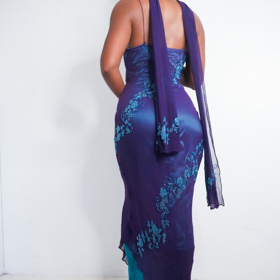 Y2K Beaded Silk Layered Formal Dress (XS)