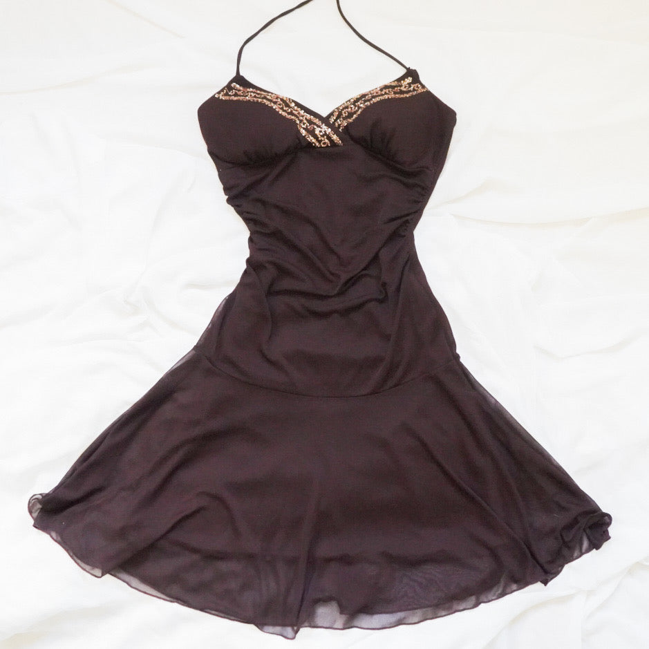 Vintage Y2K Brown Sequin Trim Mini Dress (S)