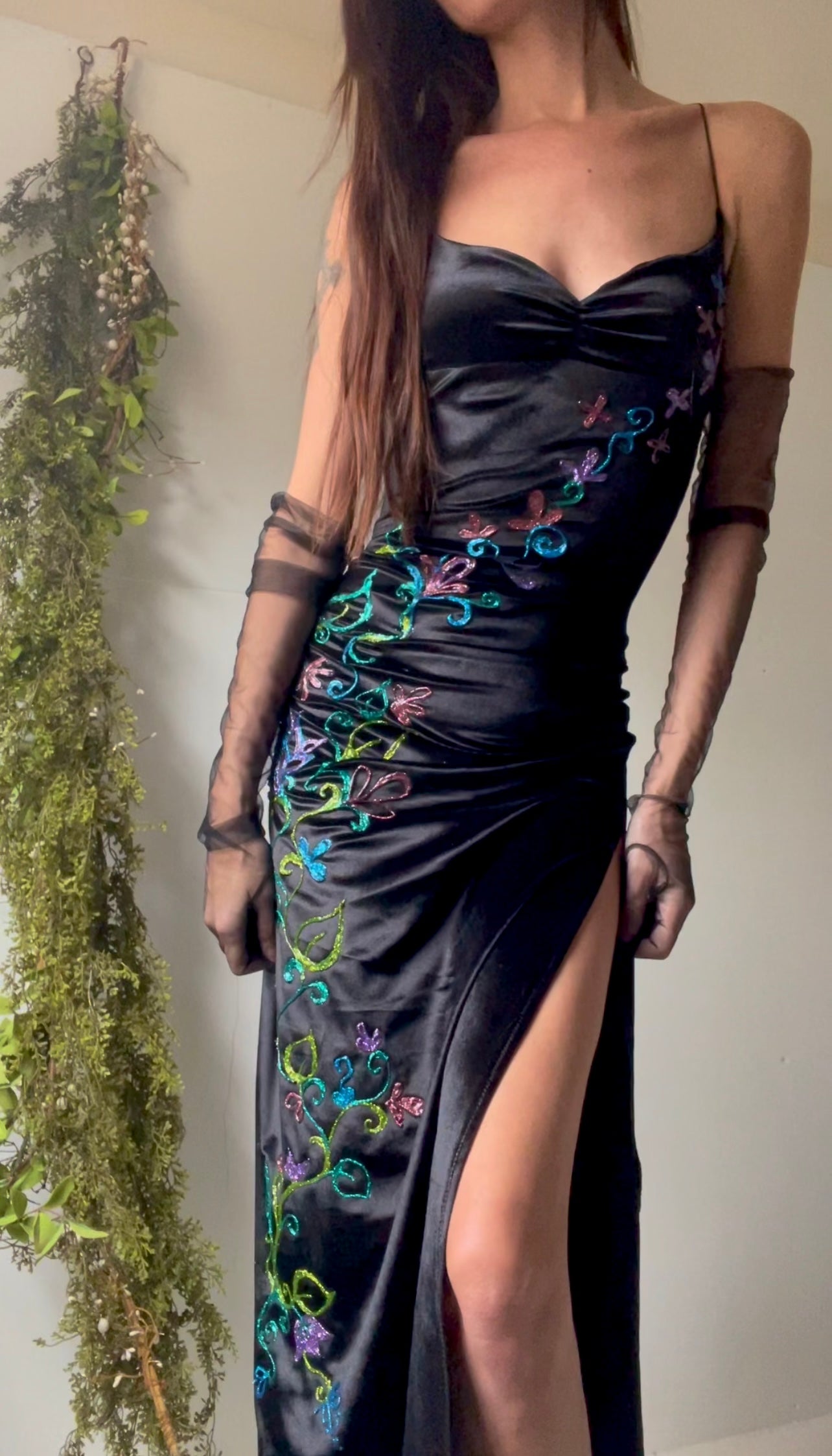 Handmade and painted by hand velvet glitter gown.