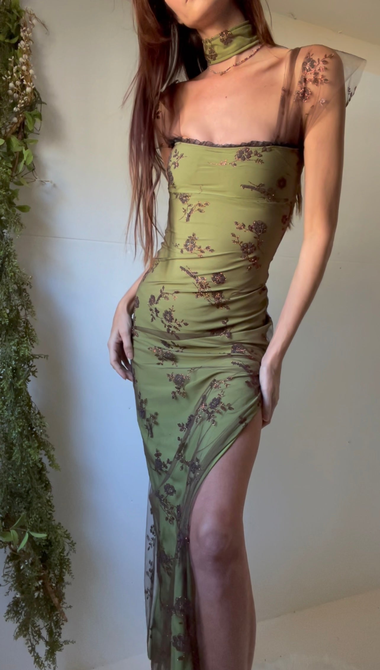 Handmade layered gown with glitter florals and chocker.