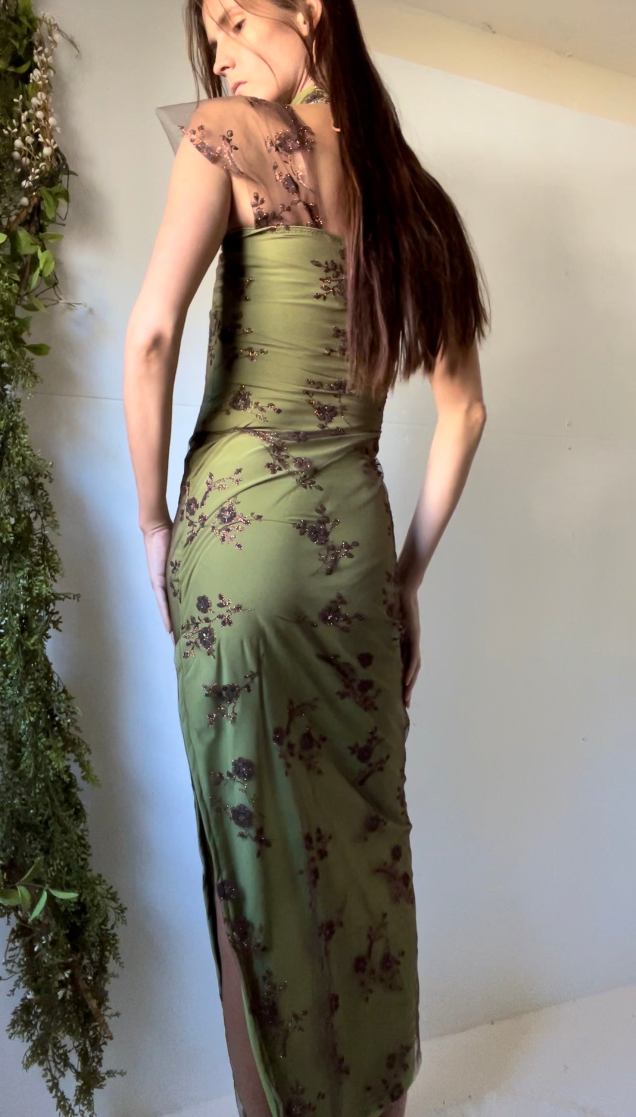 Handmade layered gown with glitter florals and chocker.