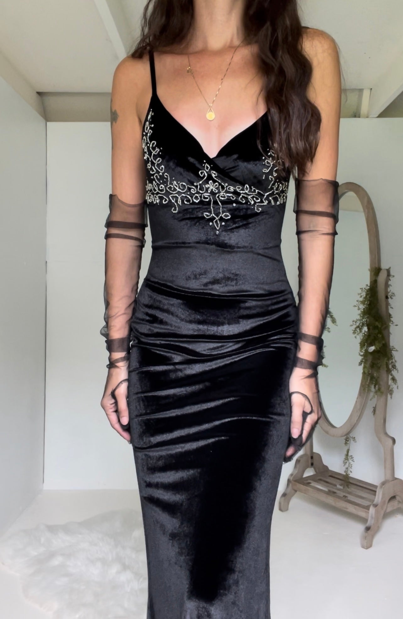 Vintage Inspired Velvet Beaded Detail Gown