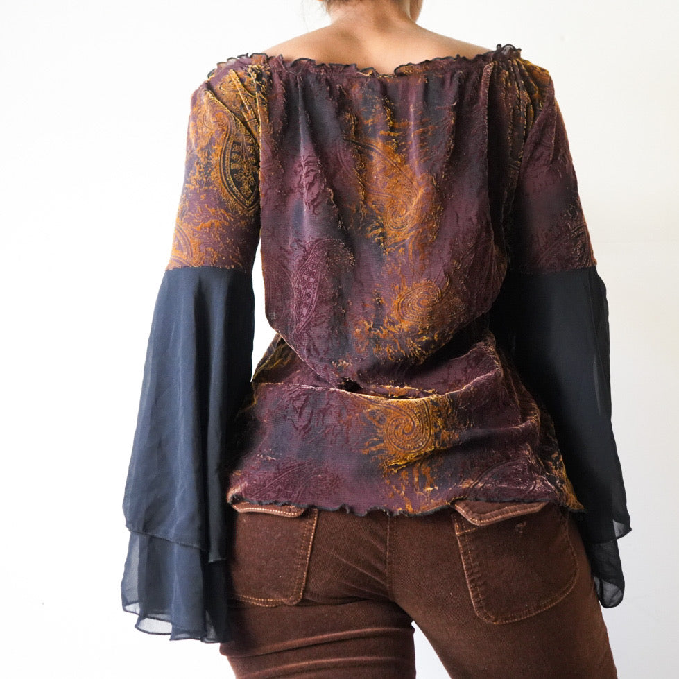 Vintage Y2K Burnout Semi Sheer Bell Sleeve Top (M-L)