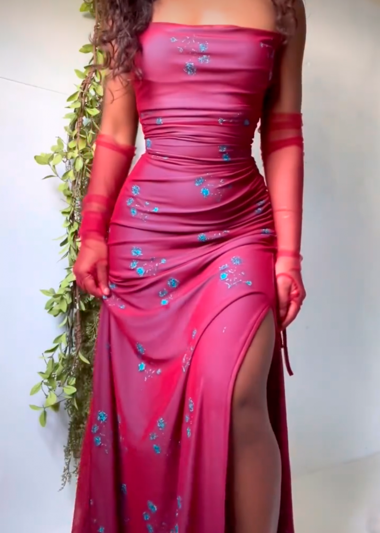 Masha&Jlynn Layered Glitter Floral Print Gown