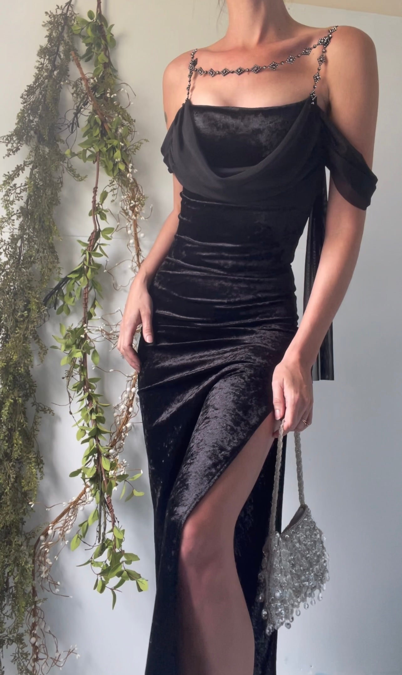 Handmade Jewel Strap Velvet Gown