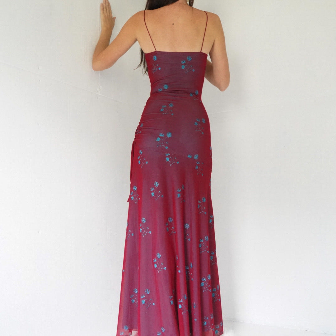 Masha&Jlynn Layered Glitter Floral Print Gown