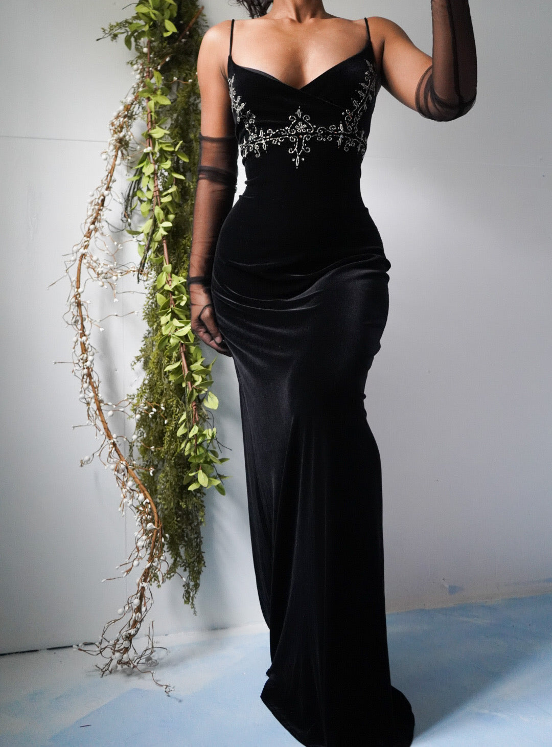 Vintage Inspired Velvet Beaded Detail Gown