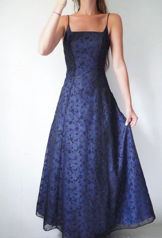 Vintage beaded floral gown with a lace up back