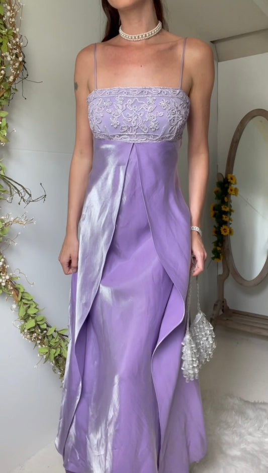 Vintage 90's shiny lavender split gown
