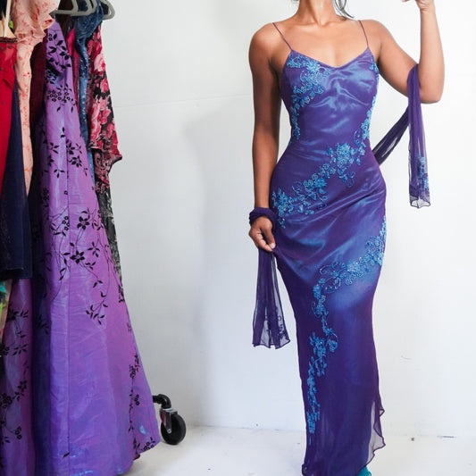 Y2K Beaded Silk Layered Formal Dress (XS)