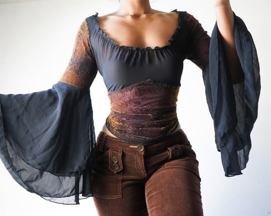 Vintage Y2K Burnout Semi Sheer Bell Sleeve Top (M-L)
