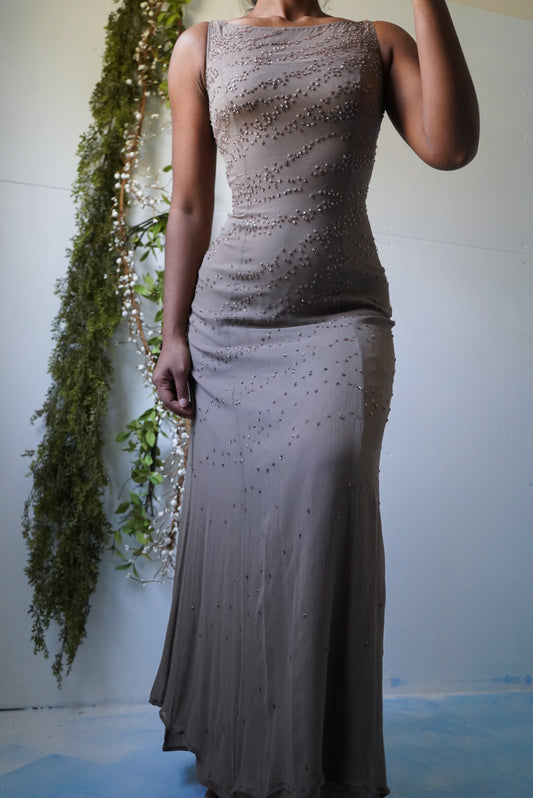 Vintage 90’s Taupe Beaded Silk Gown (XS)