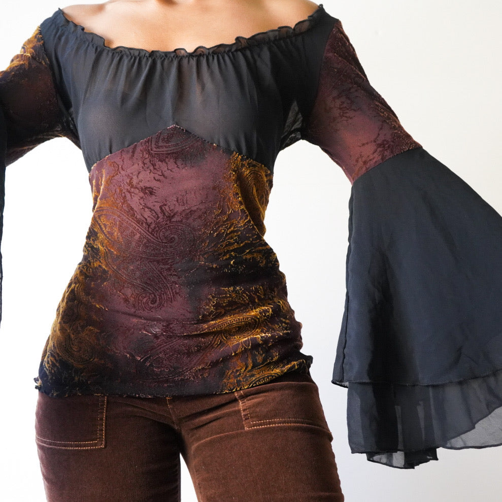 Vintage Y2K Burnout Semi Sheer Bell Sleeve Top (M-L)