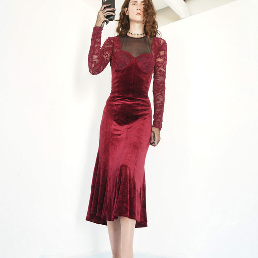 Vintage 90's velvet midi dress with lace sleeves.