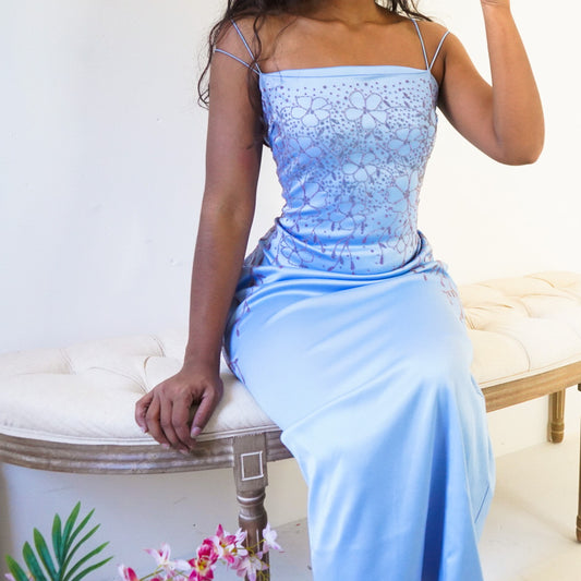 Vintage 90’s Stretch Faux Satin Beaded Formal Dress (M)